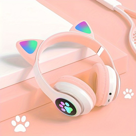 Wireless Headphones With Mic, Led Light Up Cat Over Ear Wireless Headphones For IPad/Tablet/PC/School, Birthday Gifts For Girls