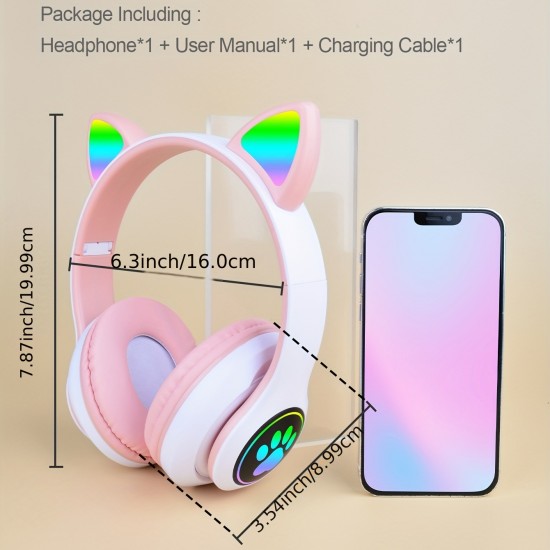 Wireless Headphones With Mic, Led Light Up Cat Over Ear Wireless Headphones For IPad/Tablet/PC/School, Birthday Gifts For Girls