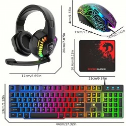 Wired Gaming Keyboard and Mouse Headset Combo,Rainbow LED Backlit Wired Keyboard,Over Ear Headphone with Mic,Rainbow Backlit Gaming Mice,Mouse Pad,for PC,Laptop,Mac,PS4,Xbox(Black)