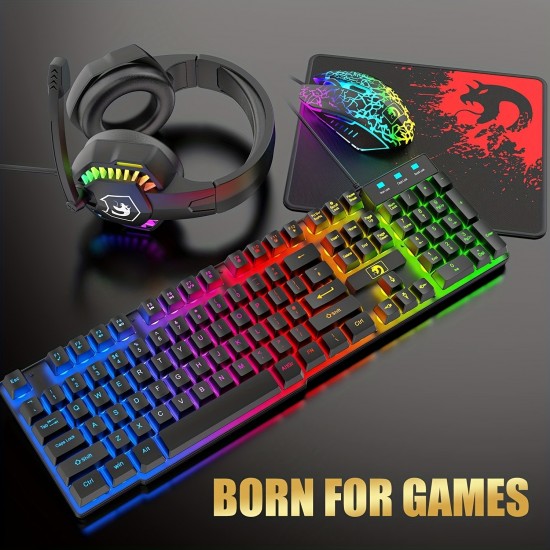 Wired Gaming Keyboard and Mouse Headset Combo,Rainbow LED Backlit Wired Keyboard,Over Ear Headphone with Mic,Rainbow Backlit Gaming Mice,Mouse Pad,for PC,Laptop,Mac,PS4,Xbox(Black)