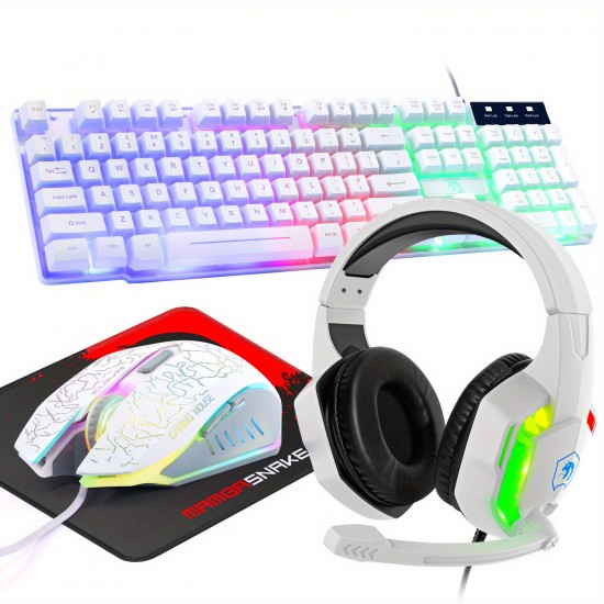 Wired Gaming Keyboard and Mouse Headset Combo,Rainbow LED Backlit Wired Keyboard,Over Ear Headphone with Mic,Rainbow Backlit Gaming Mice,Mouse Pad,for PC,Laptop,Mac,PS4,Xbox(Black)