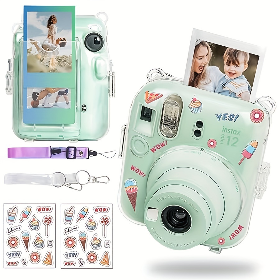 5 piece clear case camera protective case compatible with fuji instax mini 12 hard pc case with 2 straps and stickers clear details 1