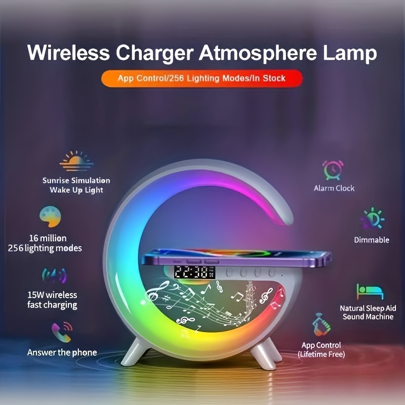 led wireless 10 w fast charging speaker and light 7 color selections smart light sound machine lamp light alarm clock sunrise simulation wake up light radio for bedrooms dorm kids adults desk table lamp gift details 0