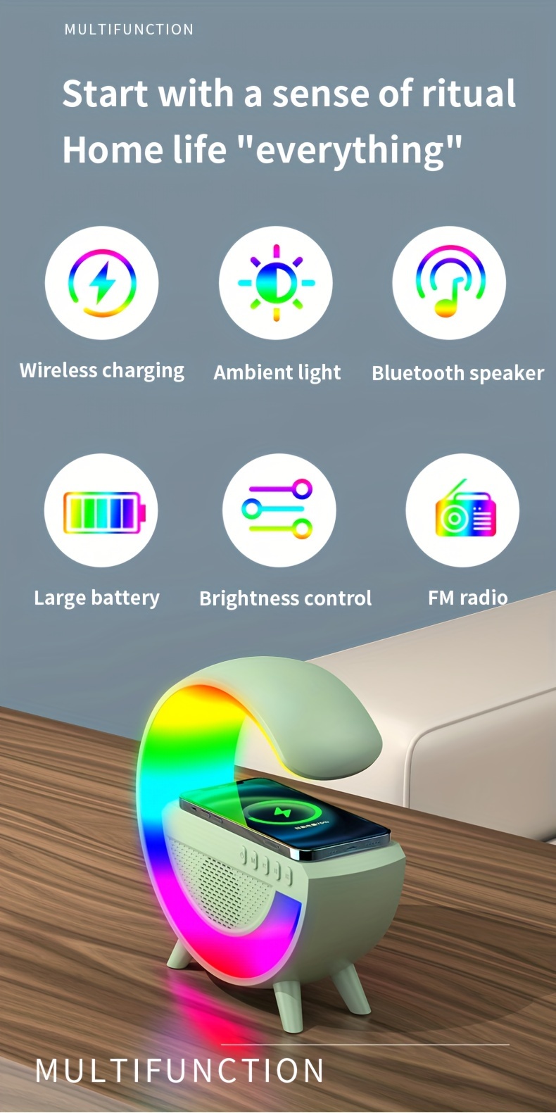 1pc smart bedside atmosphere night light mobile phone wireless charger wireless speaker three in one smart wireless charger colorful rgb atmosphere night light gift for family friends kids details 1