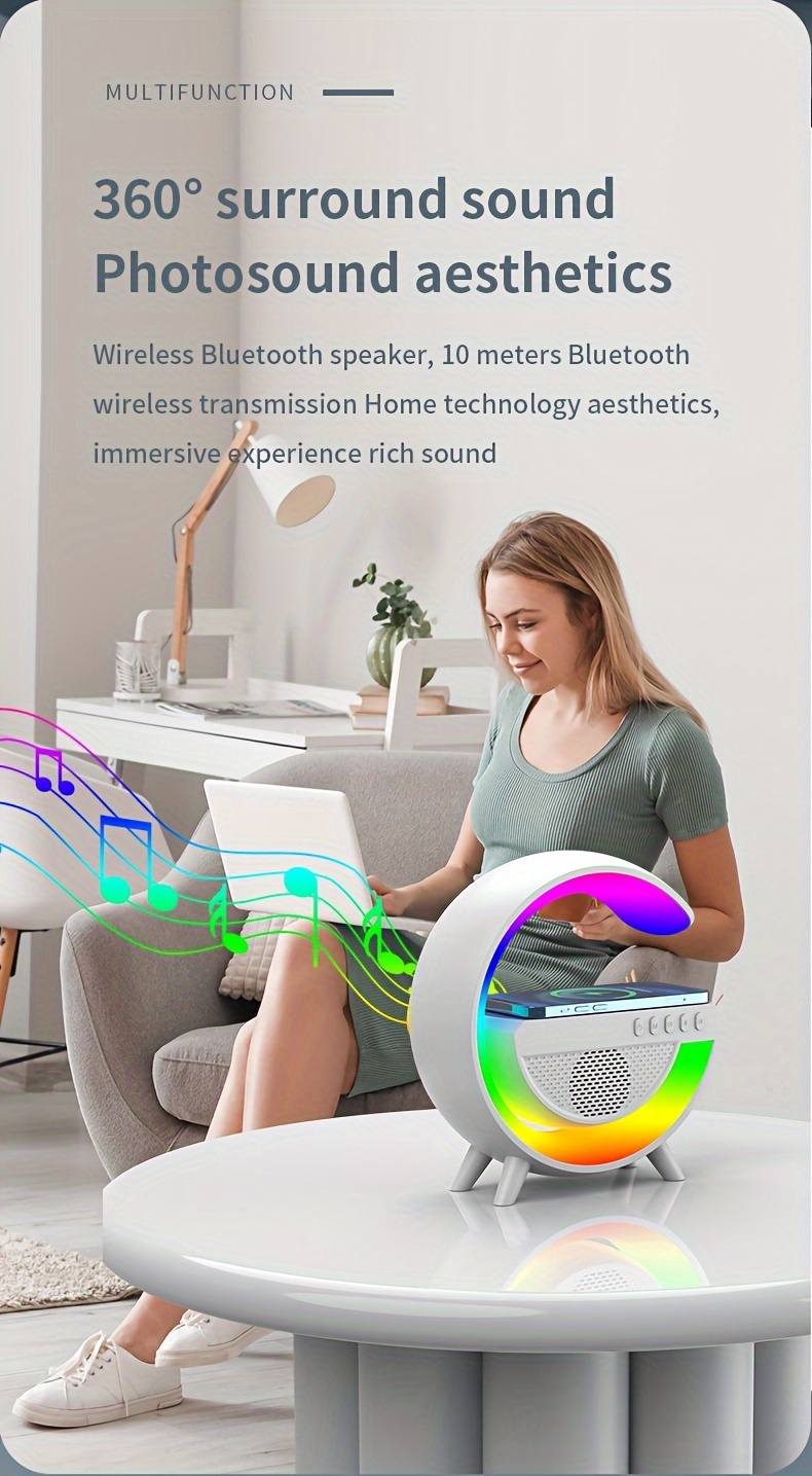 1pc smart bedside atmosphere night light mobile phone wireless charger wireless speaker three in one smart wireless charger colorful rgb atmosphere night light gift for family friends kids details 3