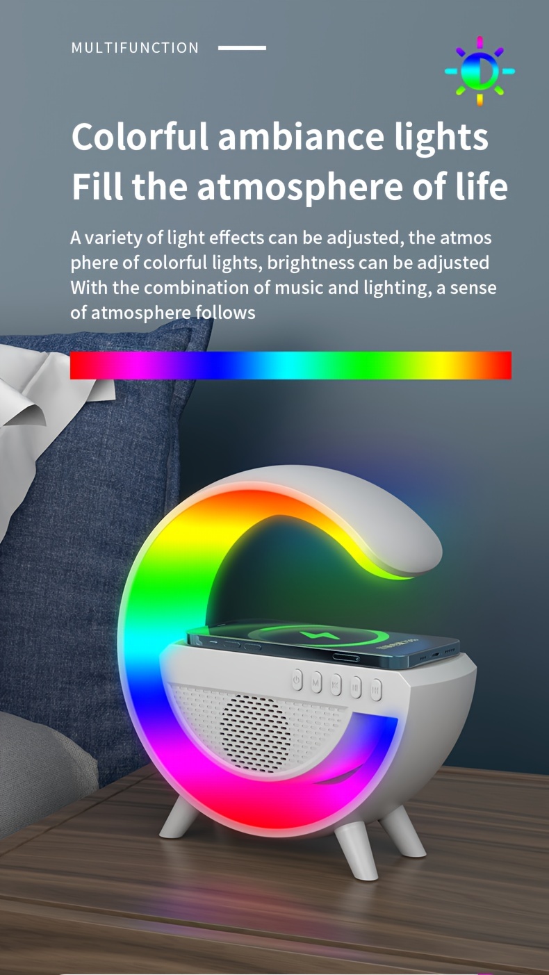 1pc smart bedside atmosphere night light mobile phone wireless charger wireless speaker three in one smart wireless charger colorful rgb atmosphere night light gift for family friends kids details 5