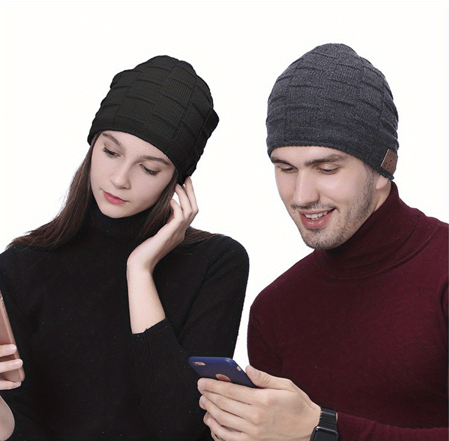 christmas gift wireless beanie hat outdoor snowy use velvet insulation large plaid music earphones knitted hat details 0