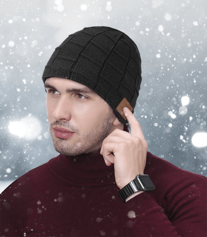 christmas gift wireless beanie hat outdoor snowy use velvet insulation large plaid music earphones knitted hat details 1