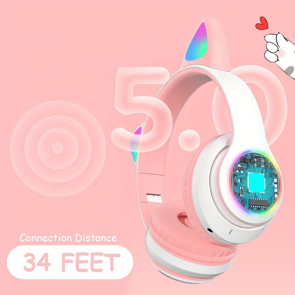 wireless headphones with mic led light up cat over ear wireless headphones for ipad tablet pc school birthday gifts for girls details 1