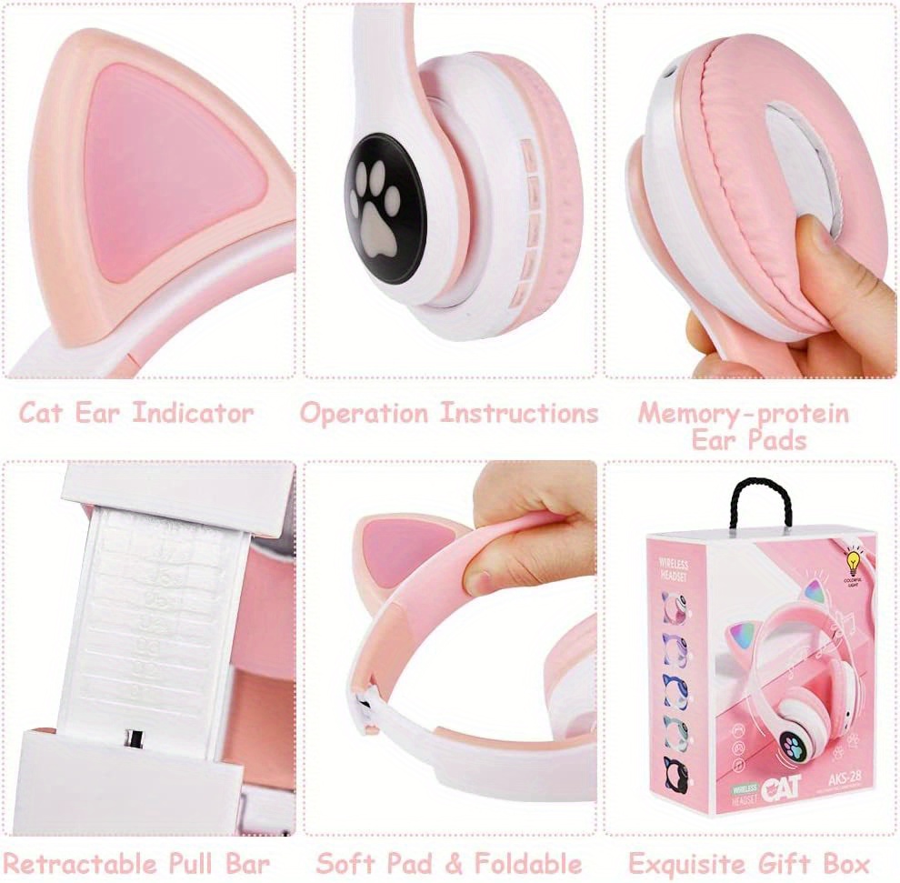 wireless headphones with mic led light up cat over ear wireless headphones for ipad tablet pc school birthday gifts for girls details 2