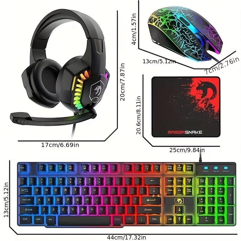 wired gaming keyboard and mouse headset combo rainbow led backlit wired keyboard over ear headphone with mic rainbow backlit gaming mice mouse pad for pc laptop mac ps4 xbox black details 0