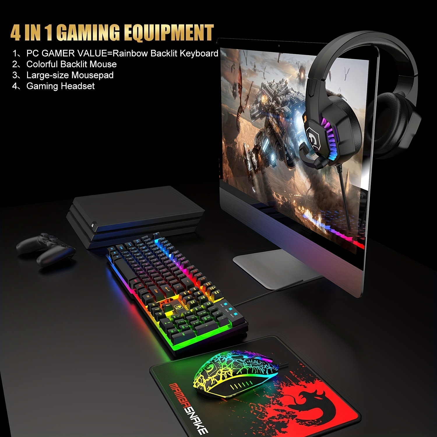 wired gaming keyboard and mouse headset combo rainbow led backlit wired keyboard over ear headphone with mic rainbow backlit gaming mice mouse pad for pc laptop mac ps4 xbox black details 3